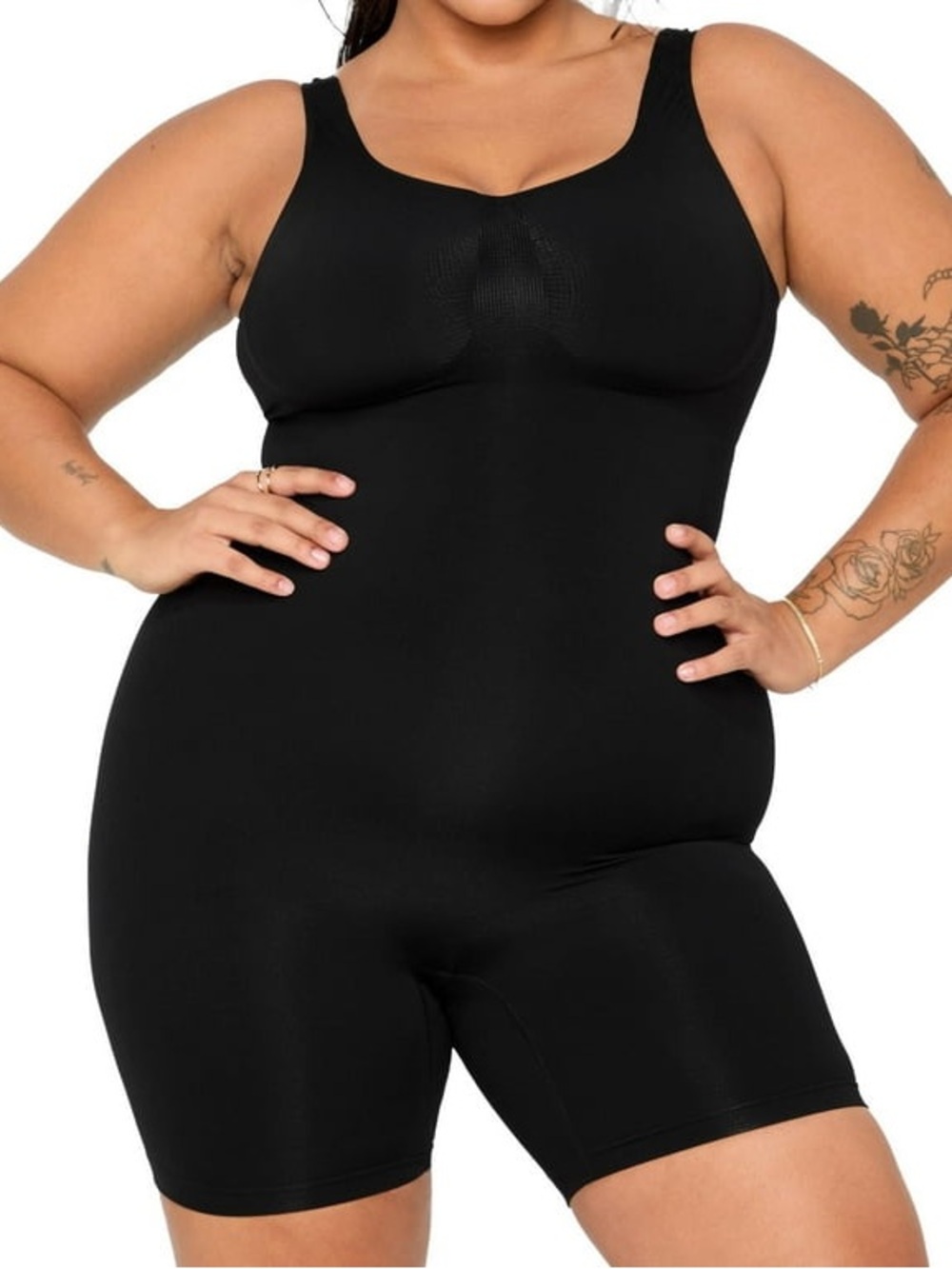 YITTY Nearly Naked Shaping Mid Thigh Bodysuit Black 1X/2X